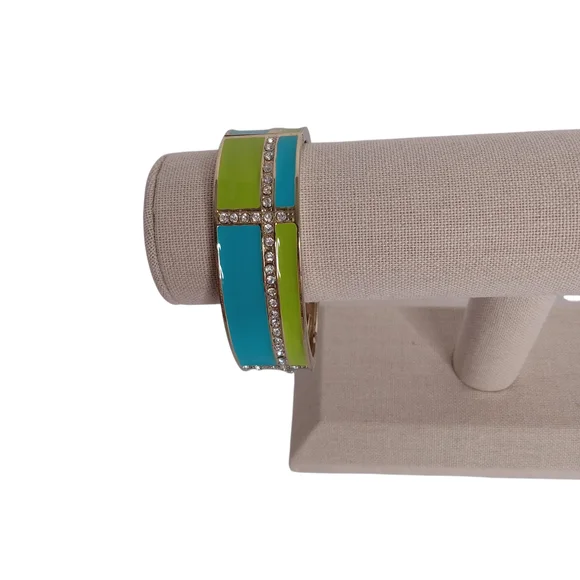 VINTAGE ENAMEL HINGED BANGLE BRACELET PLAID COLOR BLOCK DESIGN‎    GREEN & BLUE - Picture 5 of 8